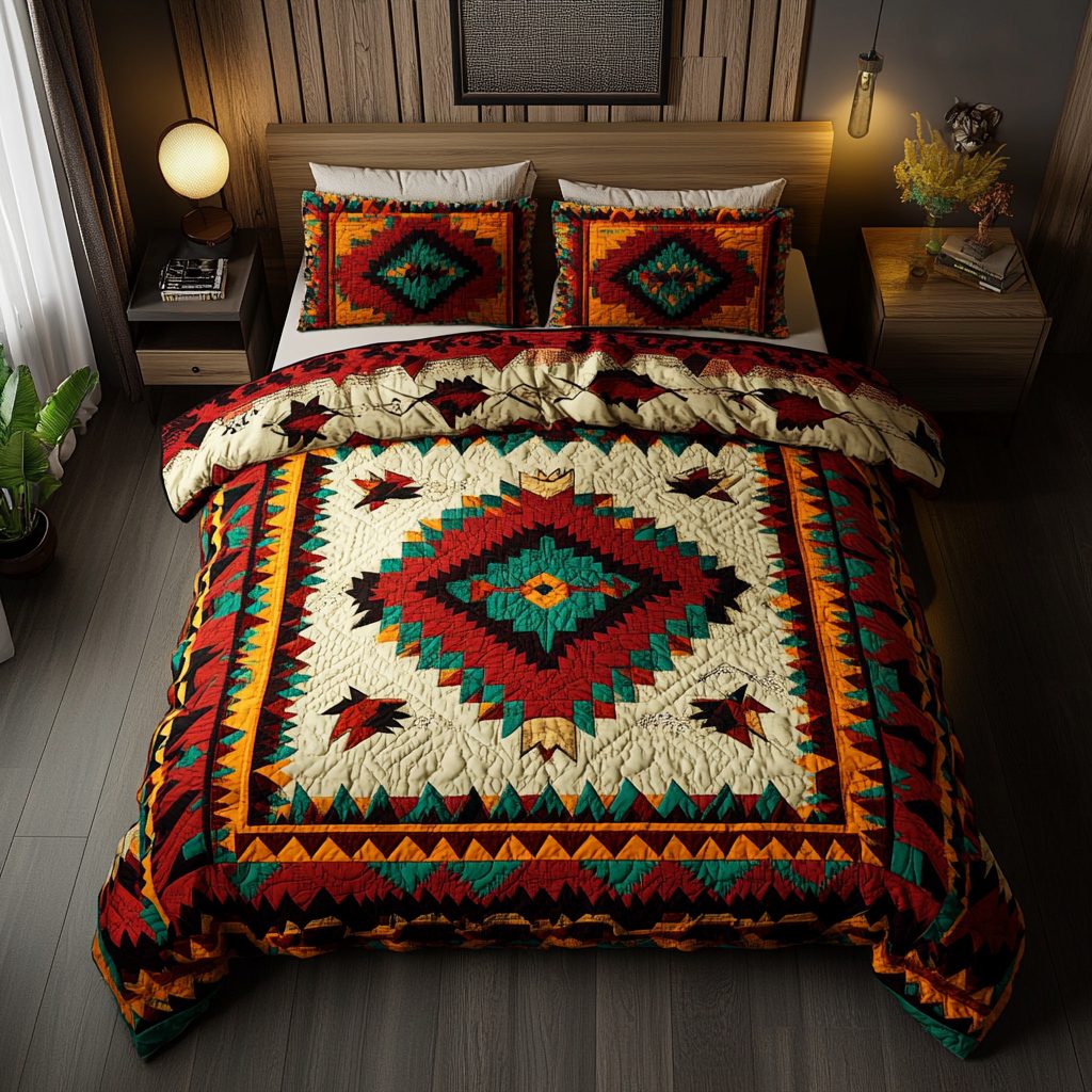 Sacred Geometry quilted 3-piece bedding set on a made bed in a softly lit bedroom