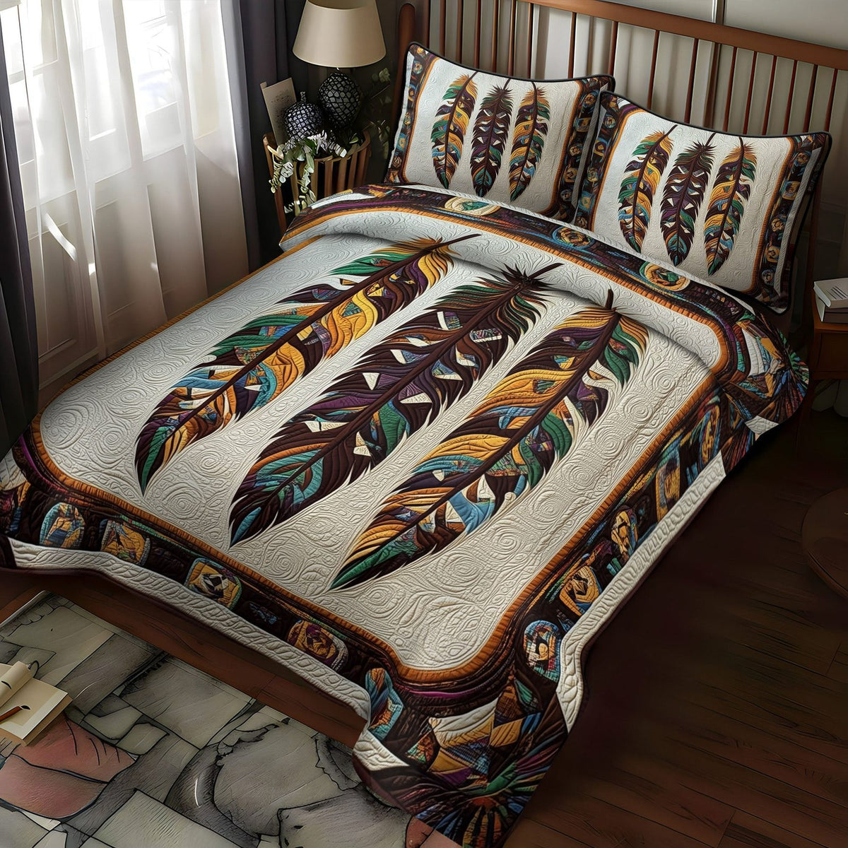 Sacred Geometry quilted 3-piece bedding set on a made bed in a softly lit bedroom