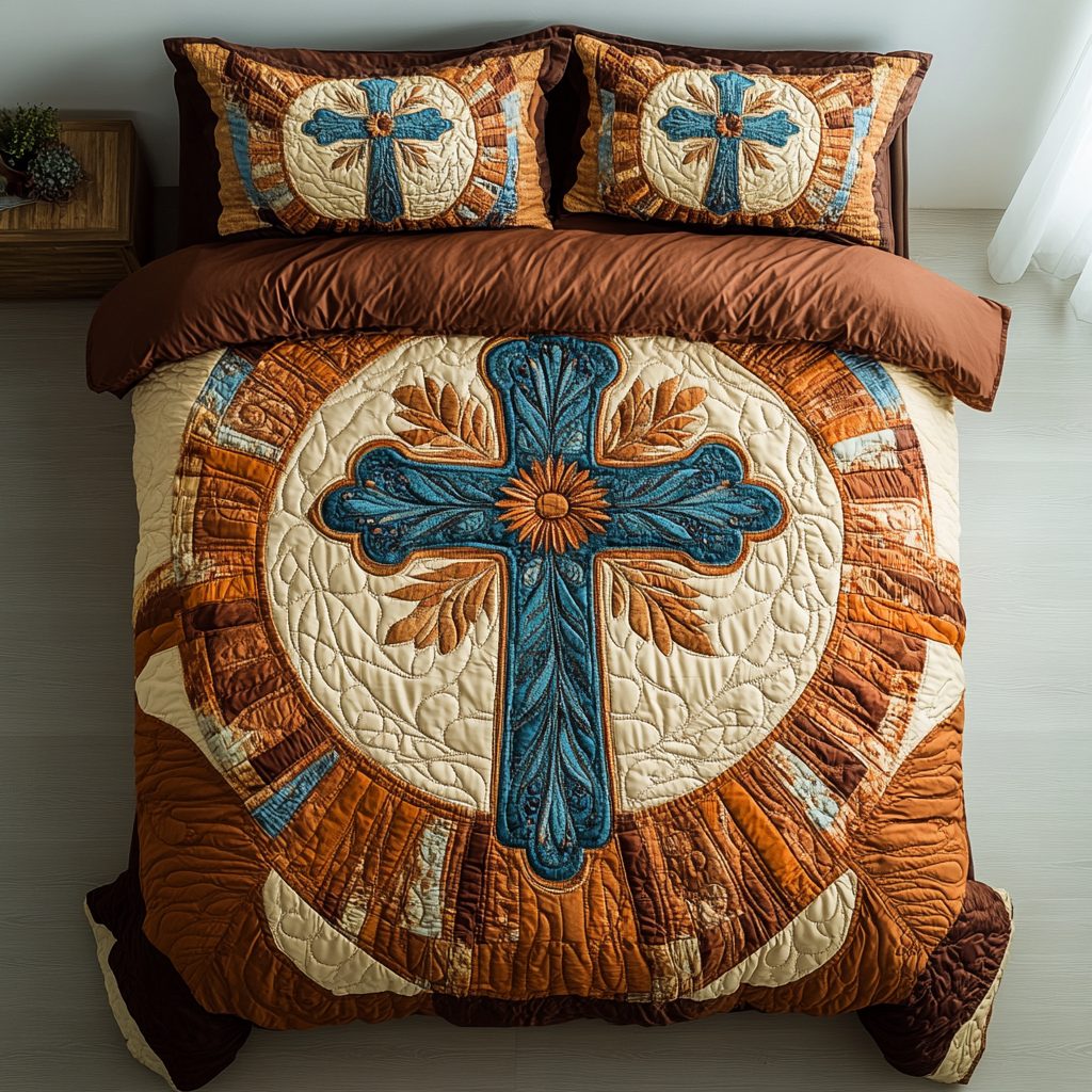 Sacred Grace quilted 3-piece bedding set on a made bed in a softly lit bedroom