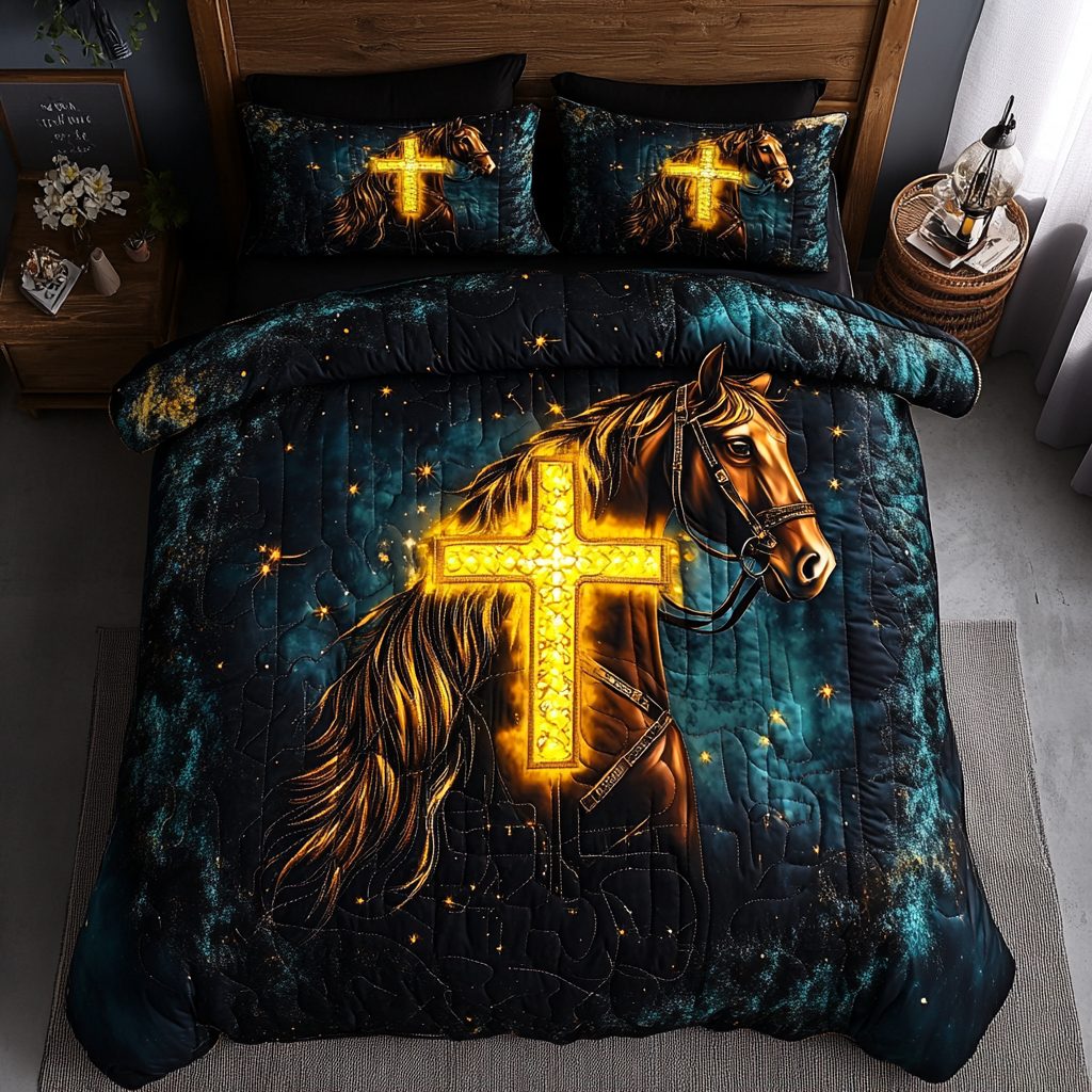 Sacred Grace quilted 3-piece bedding set on a made bed in a softly lit bedroom