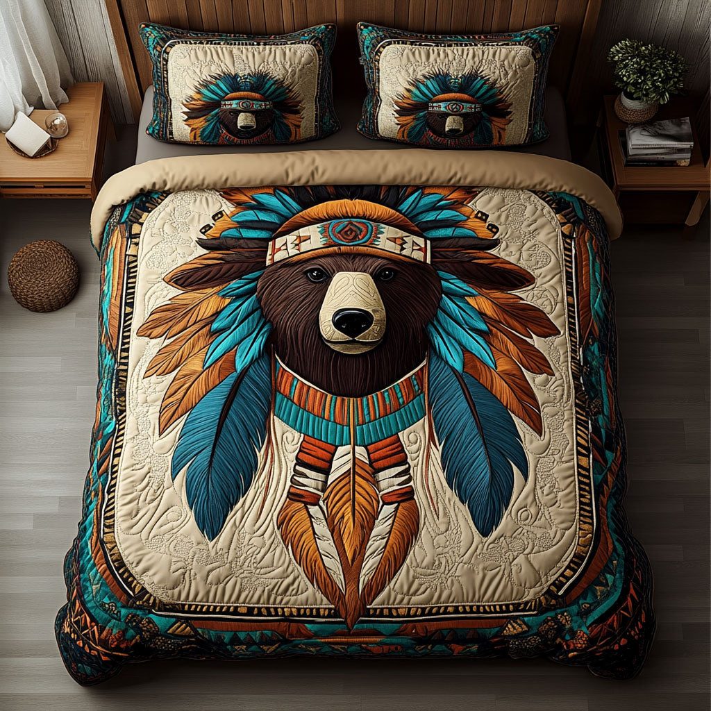 Sacred Grizzly quilted 3-piece bedding set on a made bed in a softly lit bedroom