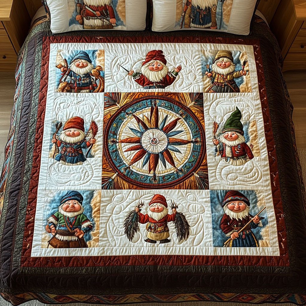 Sacred Grove Gnome quilted 3-piece bedding set on a made bed in a winter-styled bedroom