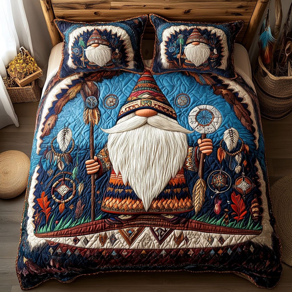 Sacred Grove quilted 3-piece bedding set on a made bed in a softly lit bedroom