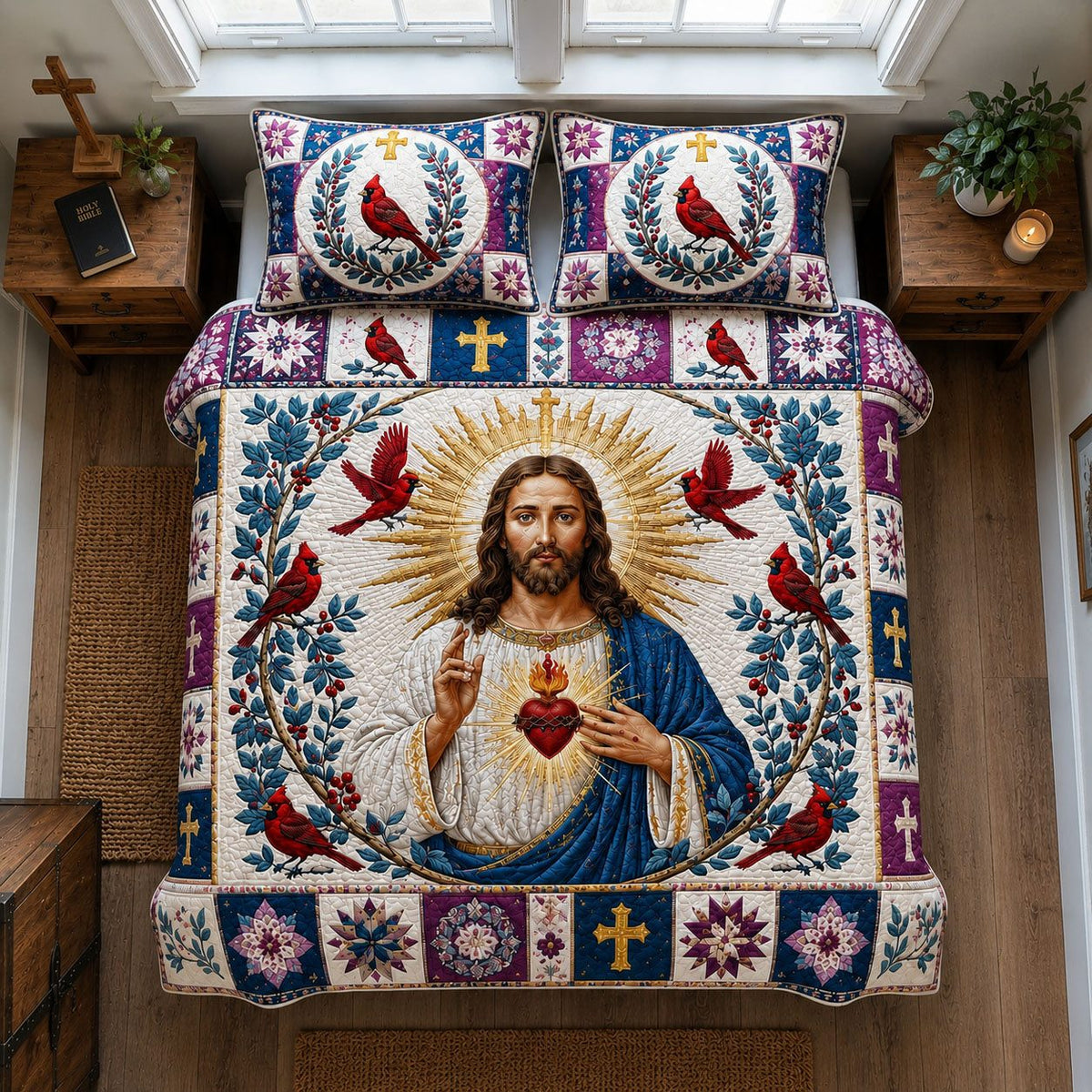 Sacred Heart Cardinal Blessing quilted 3-piece bedding set on a made bed in a softly lit bedroom