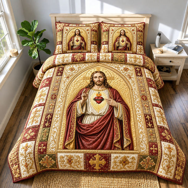 Sacred Heart Of Jesus Heirloom quilted 3-piece bedding set on a made bed in a softly lit bedroom