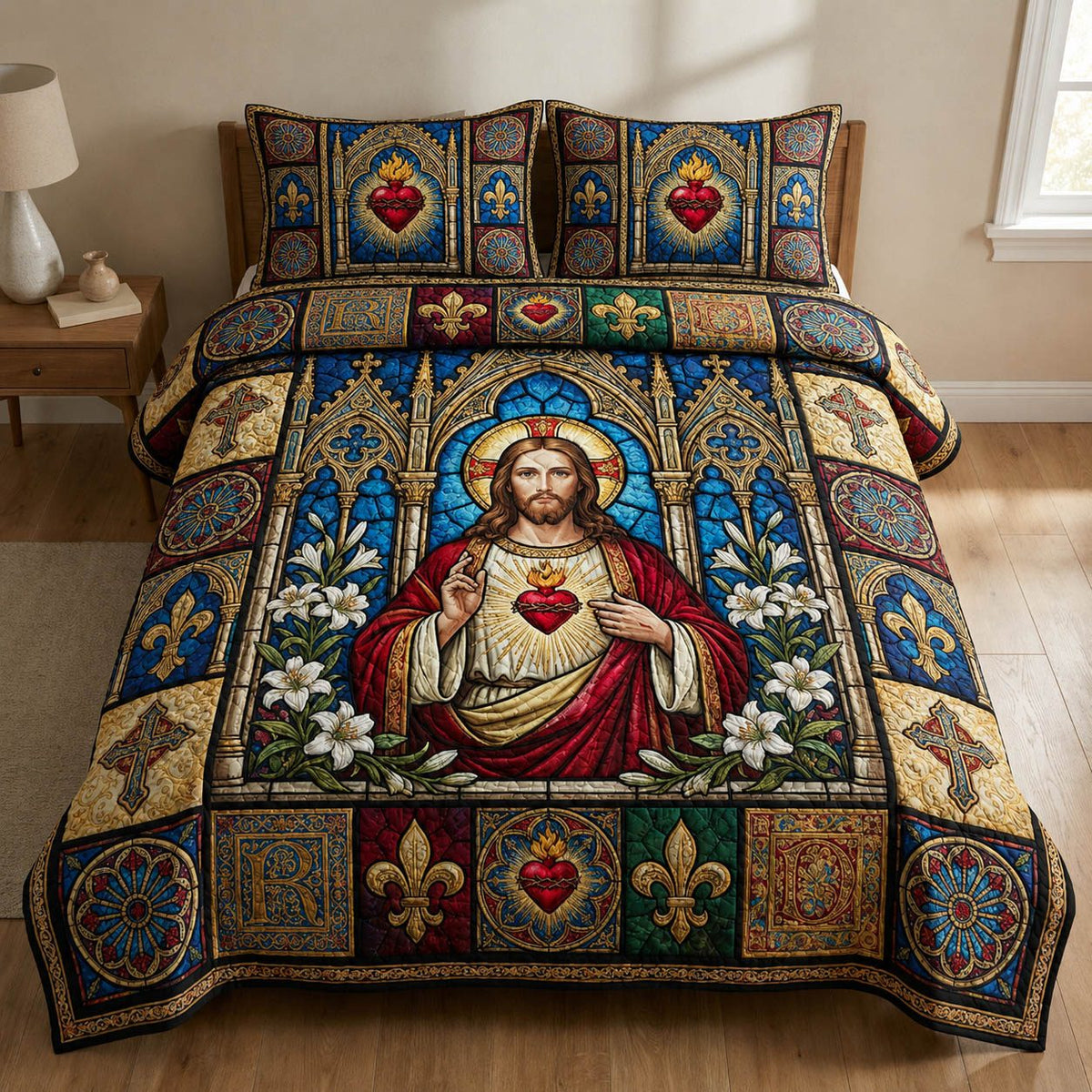 Sacred Heart Of Jesus quilted 3-piece bedding set on a made bed in a softly lit bedroom