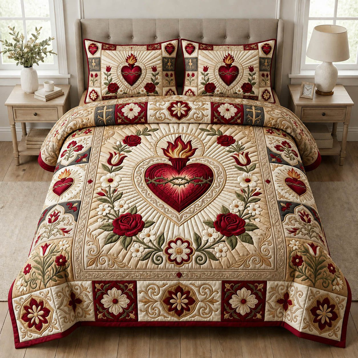 Sacred Heart Of Jesus quilted 3-piece bedding set on a made bed in a softly lit bedroom