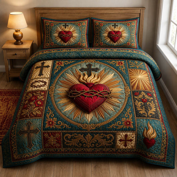 Sacred Heart Of Jesus quilted 3-piece bedding set on a made bed in a softly lit bedroom