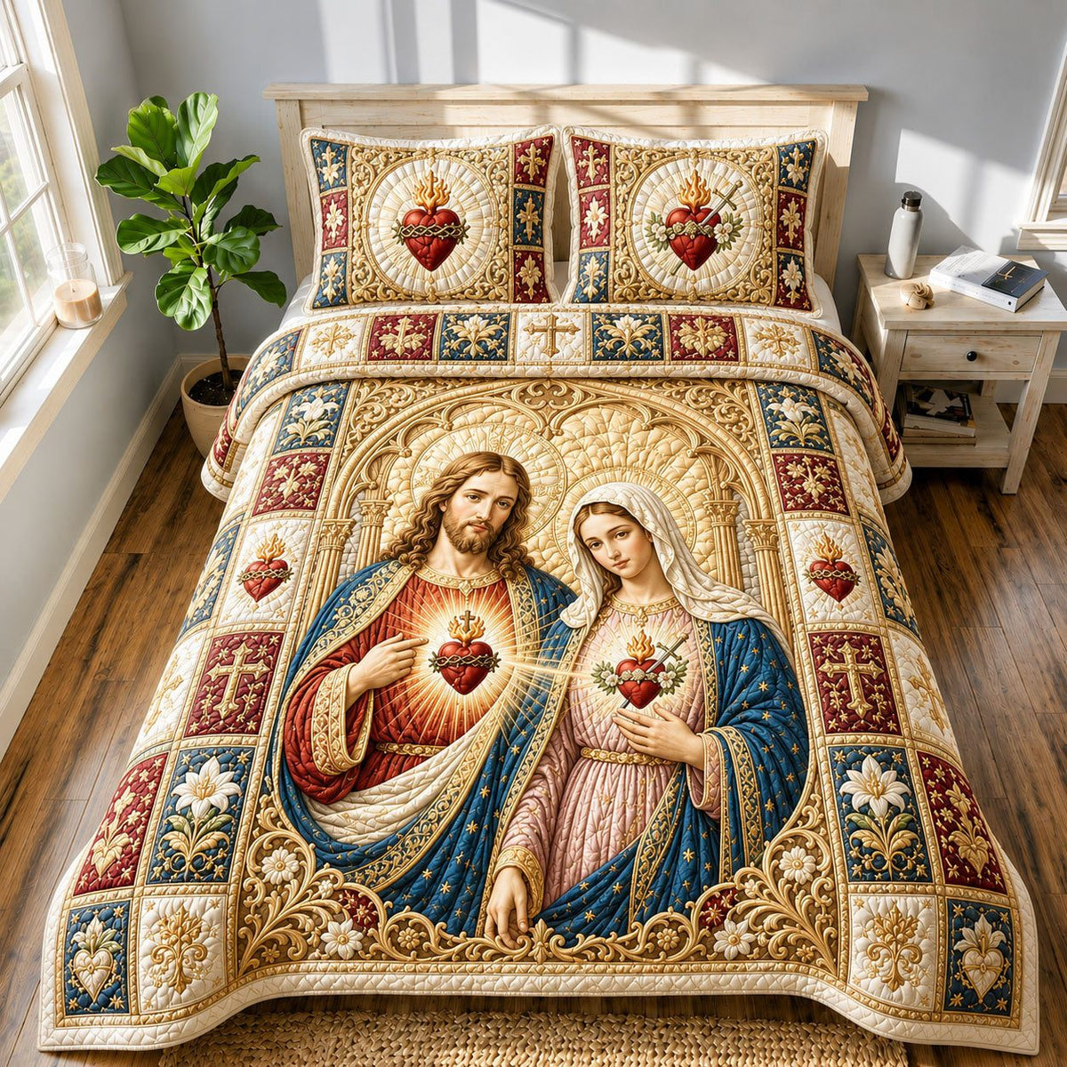Sacred Hearts Of Jesus And Mary Cathedral quilted 3-piece bedding set on a made bed in a softly lit bedroom
