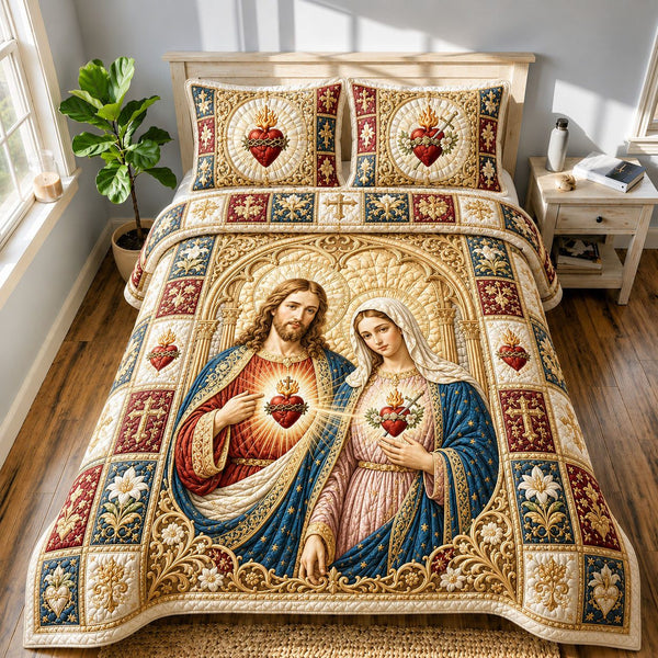 Sacred Hearts Of Jesus And Mary Cathedral quilted 3-piece bedding set on a made bed in a softly lit bedroom