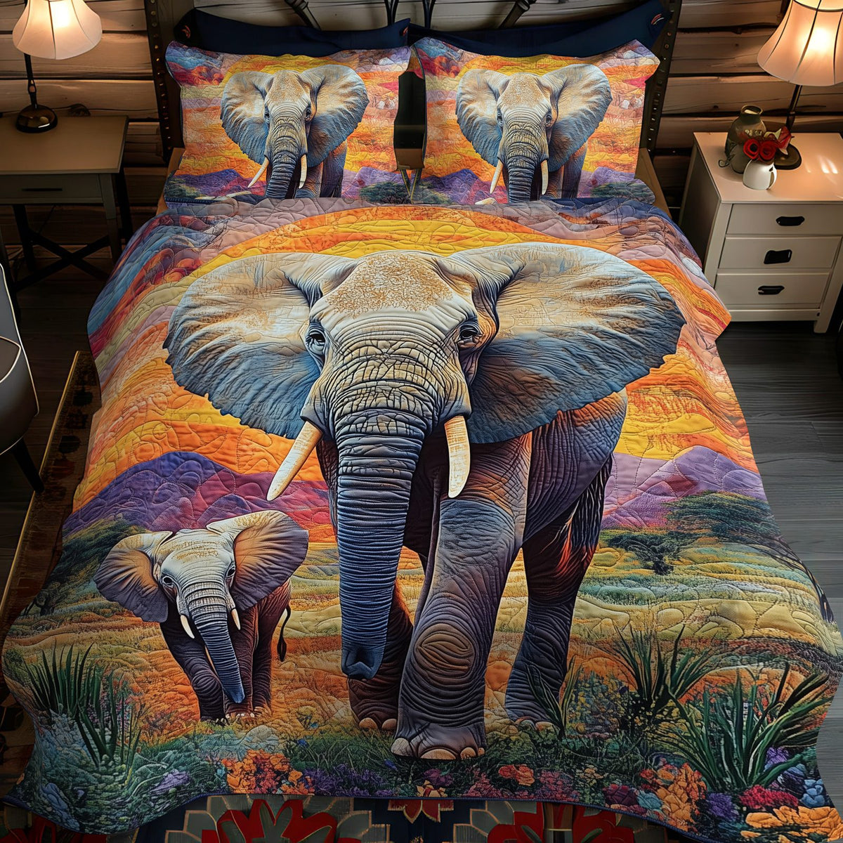 Sacred Herd Quilted quilted 3-piece bedding set on a made bed in a softly lit bedroom