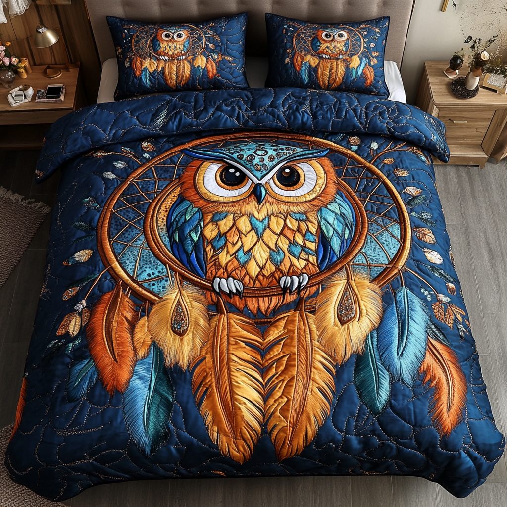 Sacred Hoots quilted 3-piece bedding set on a made bed in a softly lit bedroom