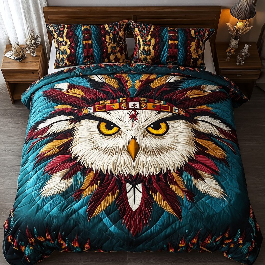 Sacred Hoots quilted 3-piece bedding set on a made bed in a softly lit bedroom