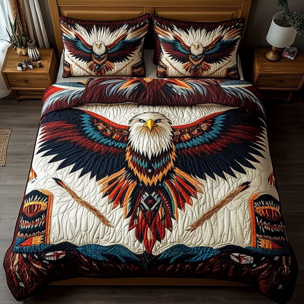 Sacred Horizon quilted 3-piece bedding set on a made bed in a softly lit bedroom