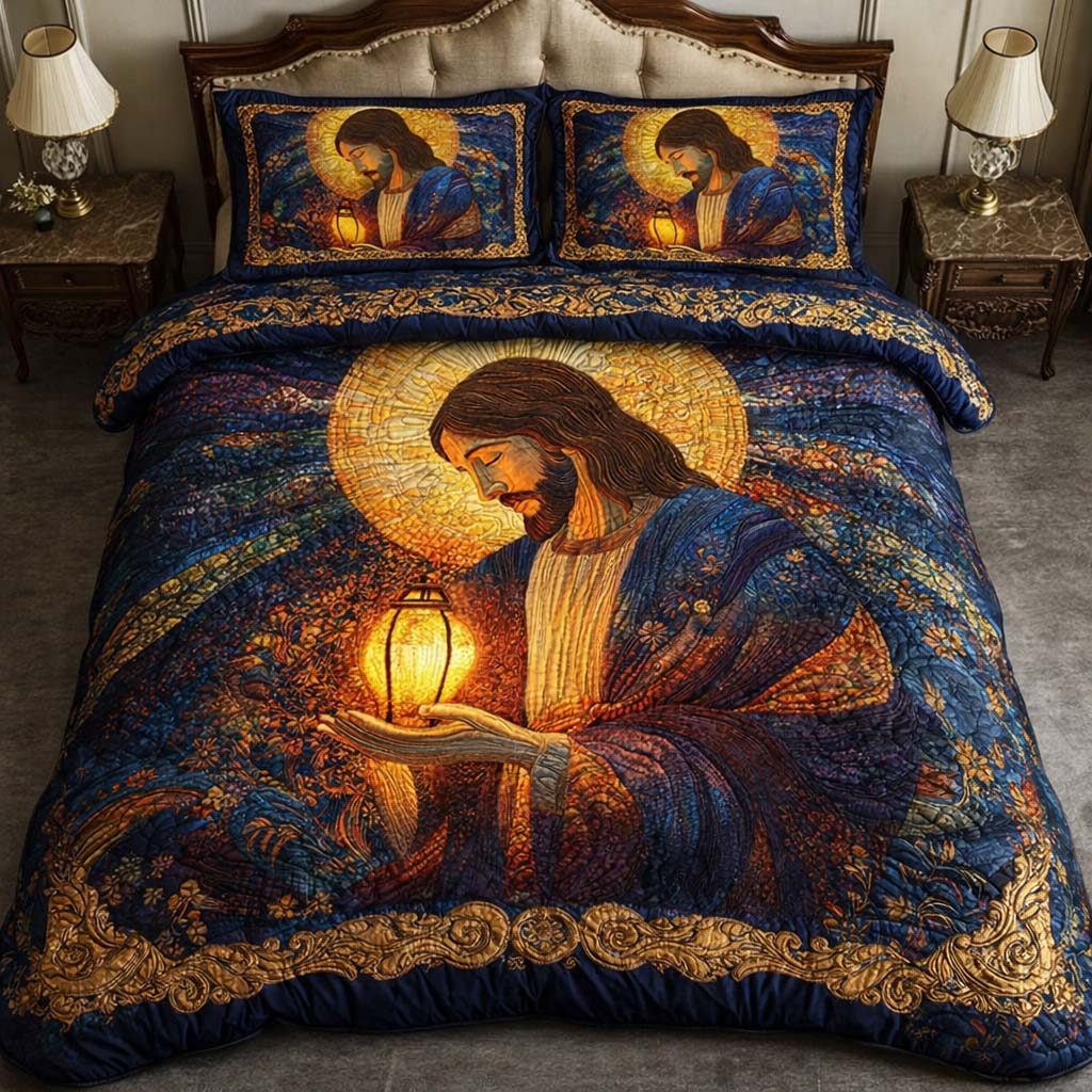 Sacred Lantern quilted 3-piece bedding set on a made bed in a softly lit bedroom