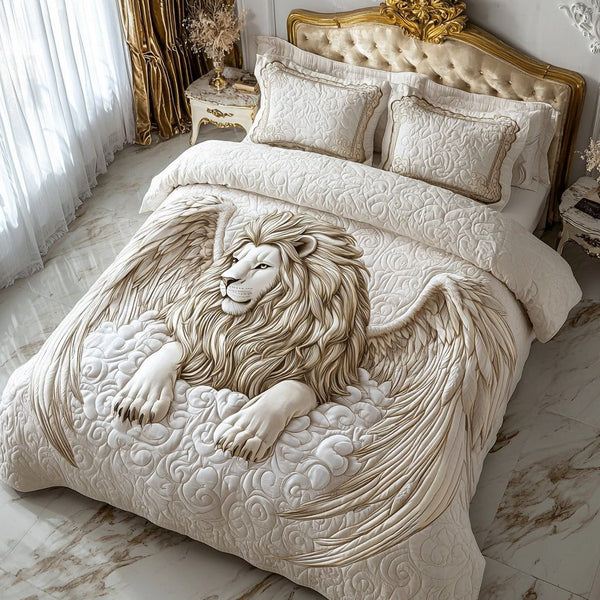 Sacred Lion quilted 3-piece bedding set on a made bed in a softly lit bedroom