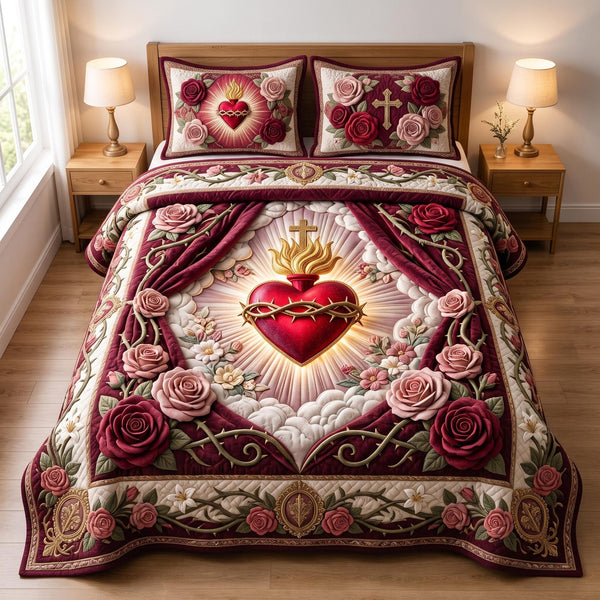 Sacred Love quilted 3-piece bedding set on a made bed in a softly lit bedroom