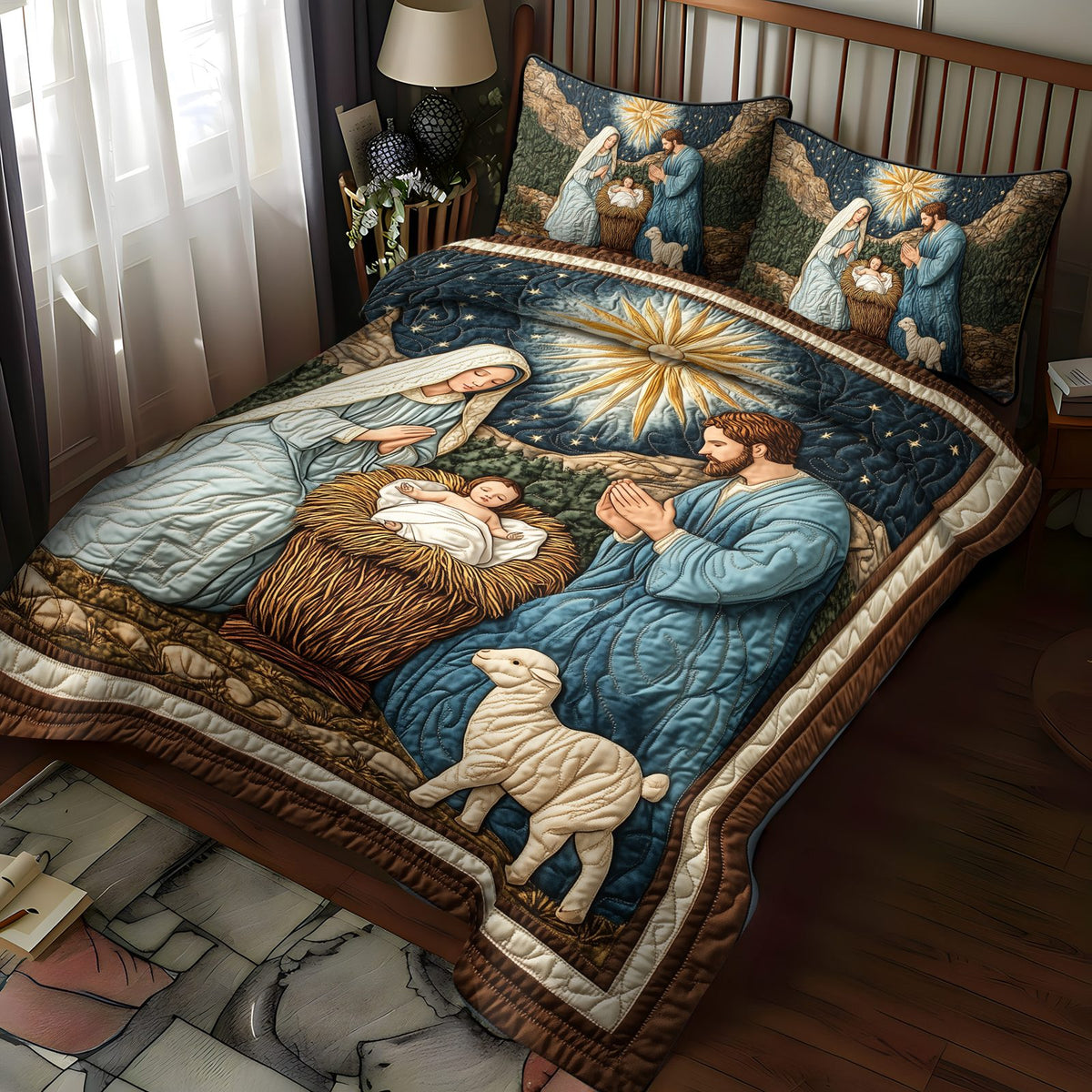 Sacred Manger Glow quilted 3-piece bedding set on a made bed in a softly lit bedroom