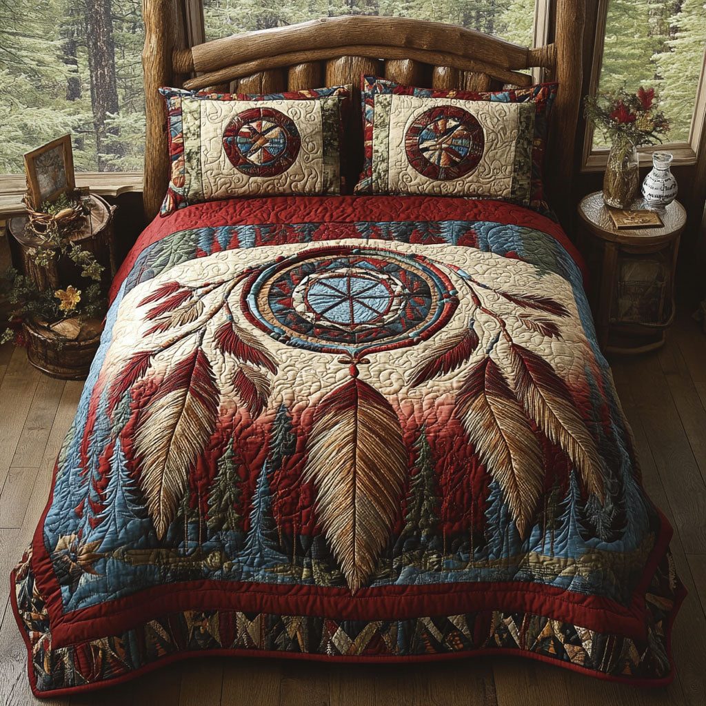 Sacred Night Web quilted 3-piece bedding set on a made bed in a softly lit bedroom