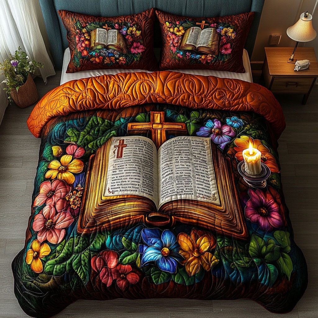 Sacred Pages quilted 3-piece bedding set on a made bed in a softly lit bedroom
