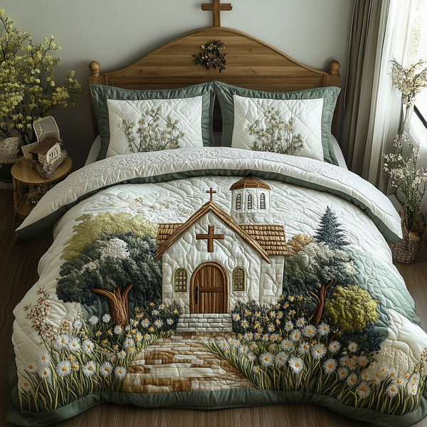 Sacred Path quilted 3-piece bedding set on a made bed in a softly lit bedroom