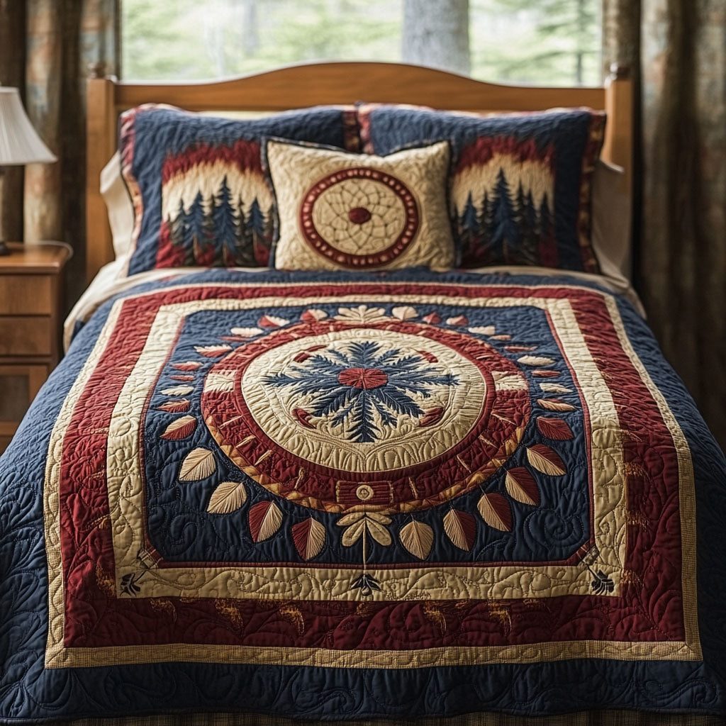 Sacred Protection quilted 3-piece bedding set on a made bed in a softly lit bedroom