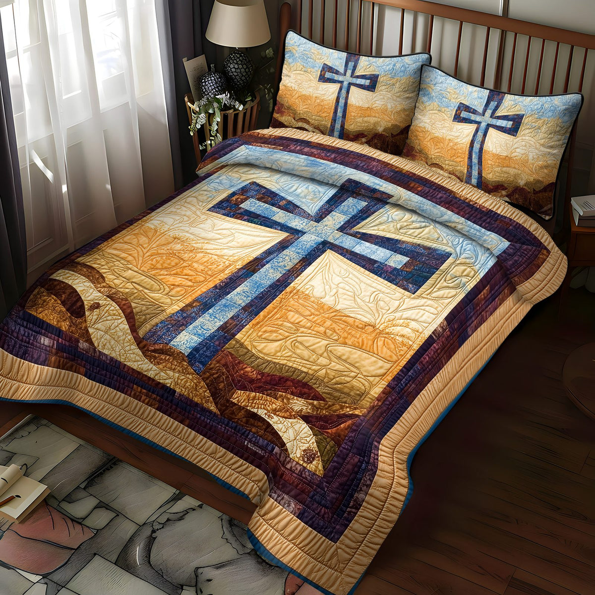 Sacred Reflection quilted 3-piece bedding set on a made bed in a softly lit bedroom