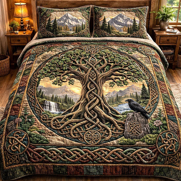 Sacred Roots quilted 3-piece bedding set on a made bed in a softly lit bedroom