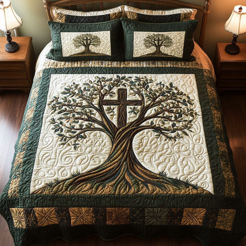 Sacred Roots quilted 3-piece bedding set on a made bed in a softly lit bedroom