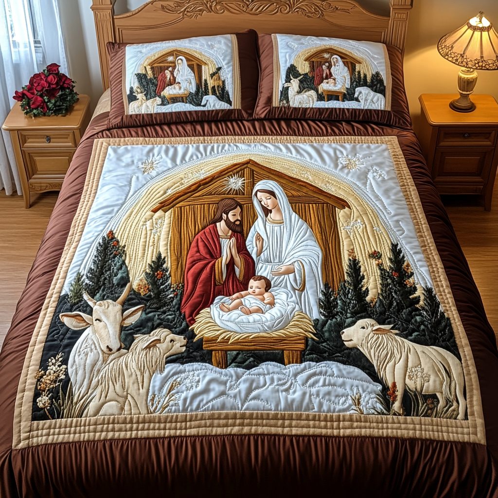 Sacred Slumber quilted 3-piece bedding set on a made bed in a softly lit bedroom
