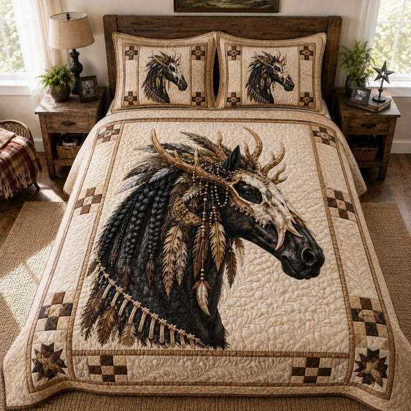Sacred Stallion quilted 3-piece bedding set on a made bed in a softly lit bedroom