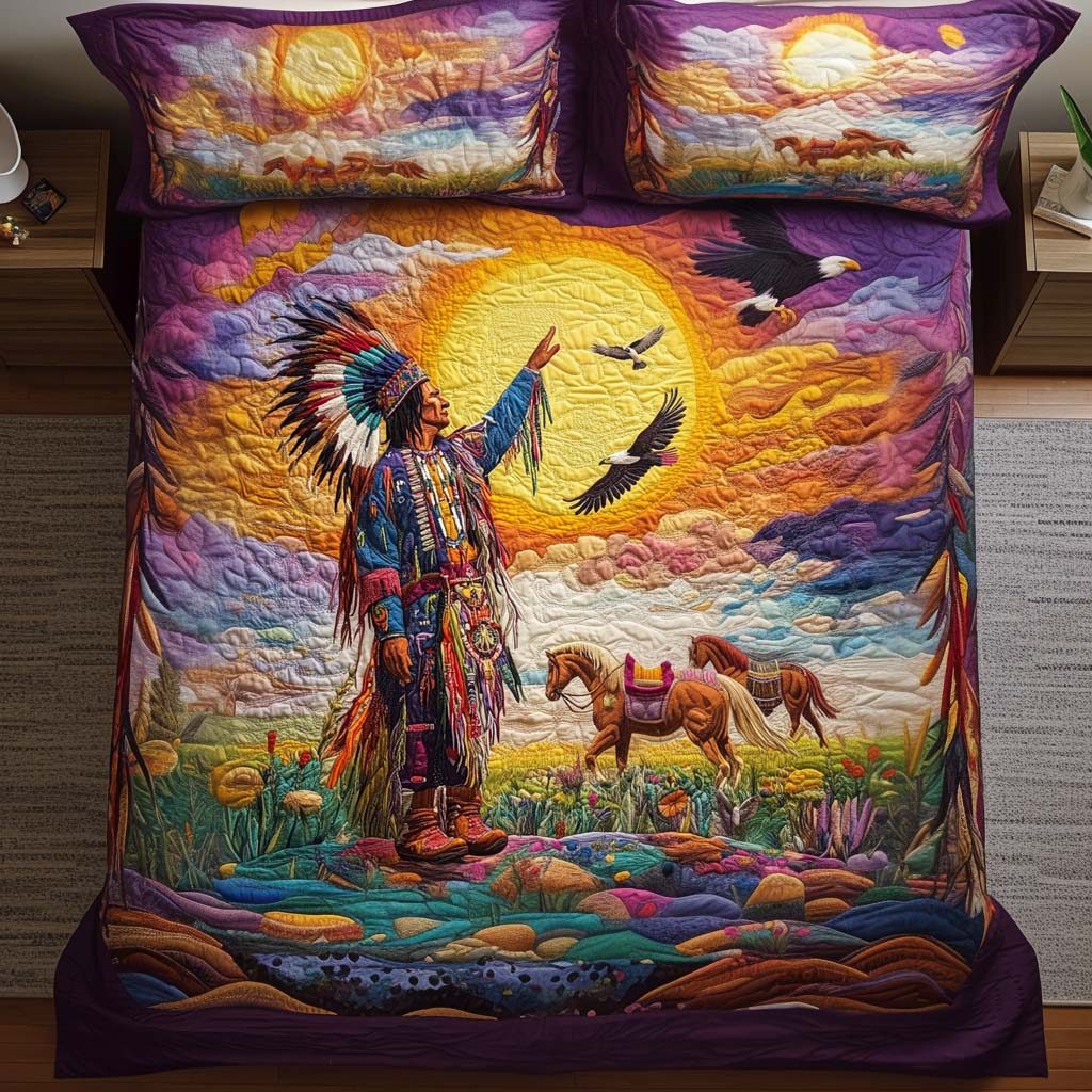 Sacred Stallion quilted 3-piece bedding set on a made bed in a softly lit bedroom