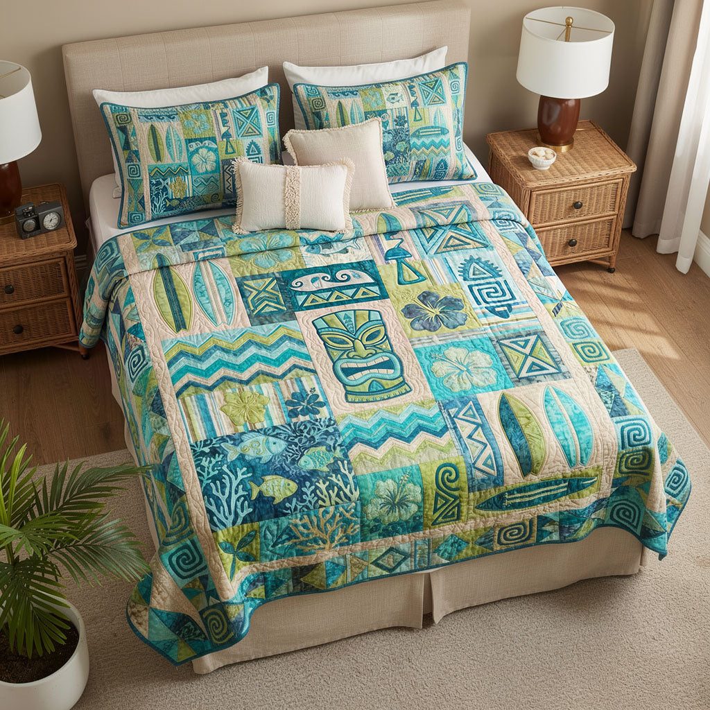 Sacred Tiki Grove quilted 3-piece bedding set on a made bed in a softly lit bedroom