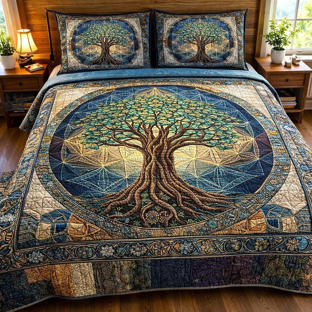 Sacred Tree quilted 3-piece bedding set on a made bed in a softly lit bedroom