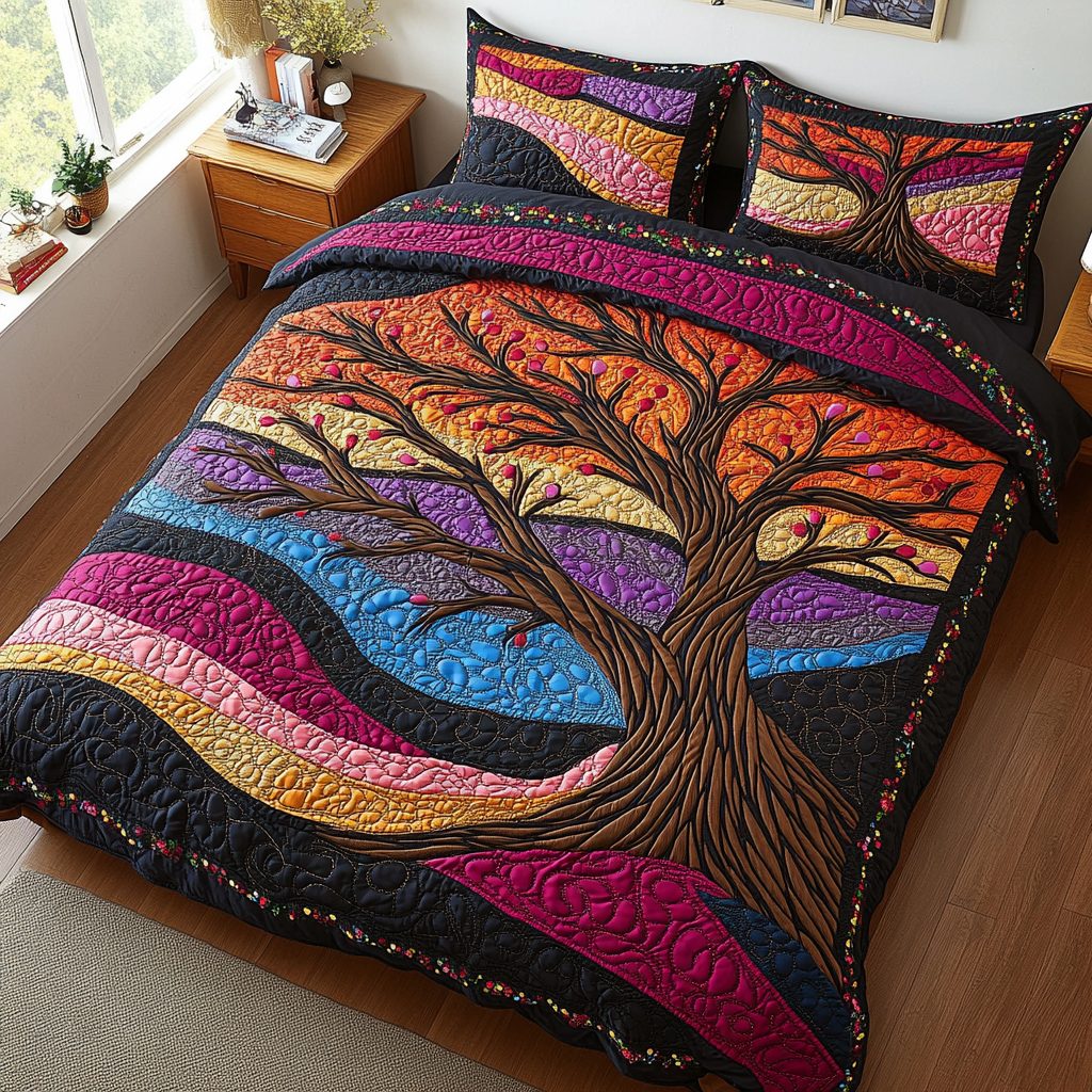 Sacred Tree quilted 3-piece bedding set on a made bed in a softly lit bedroom