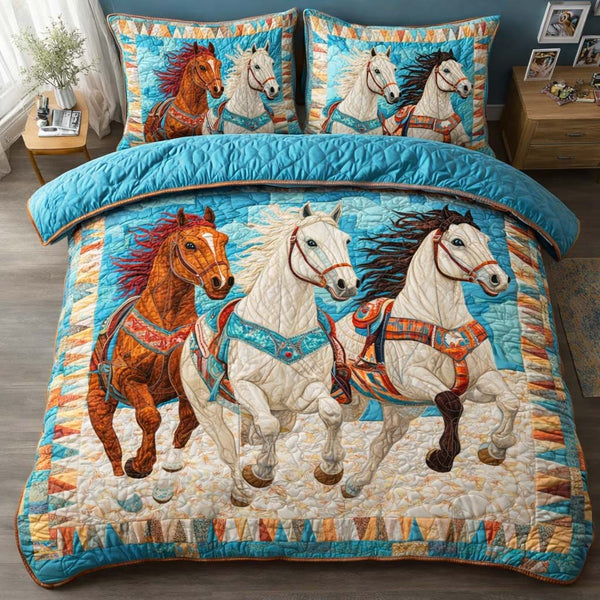 Sacred Trio quilted 3-piece bedding set on a made bed in a softly lit bedroom