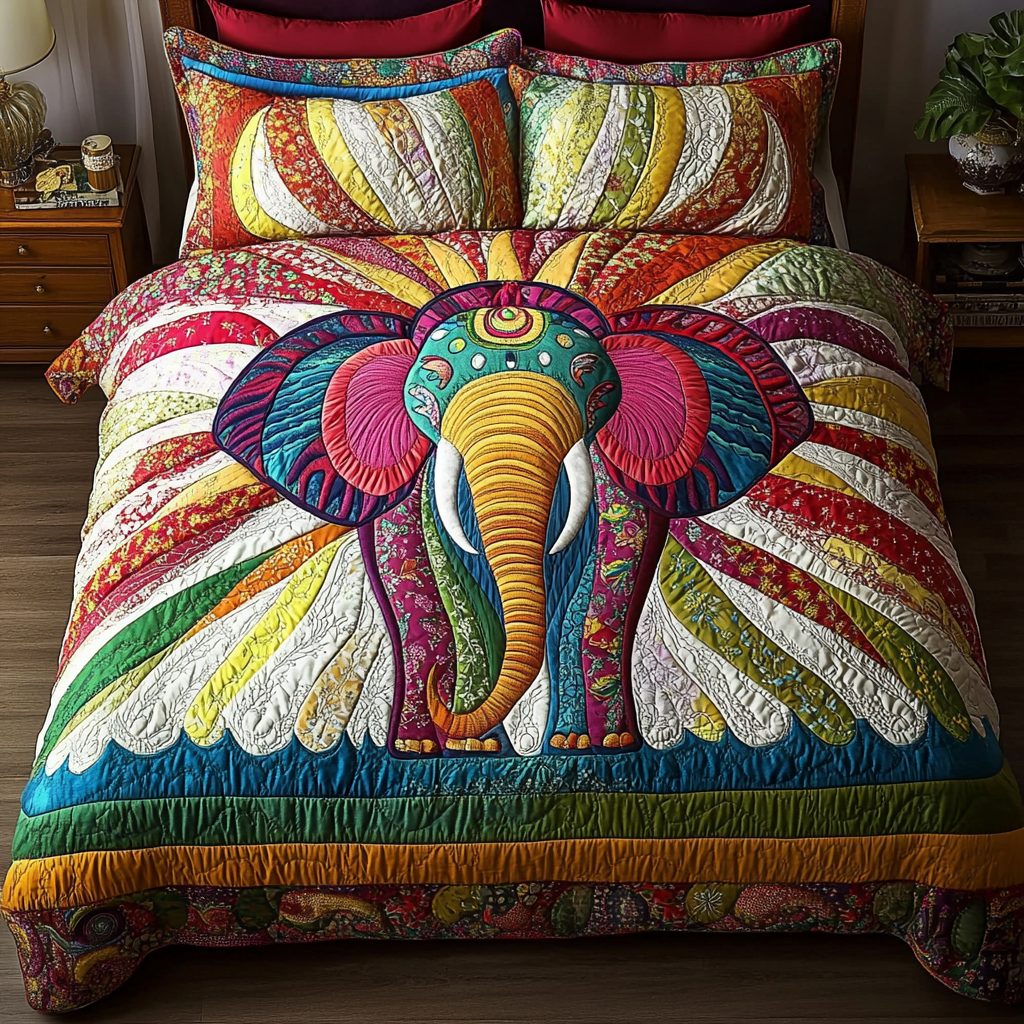 Sacred Trunk quilted 3-piece bedding set on a made bed in a softly lit bedroom