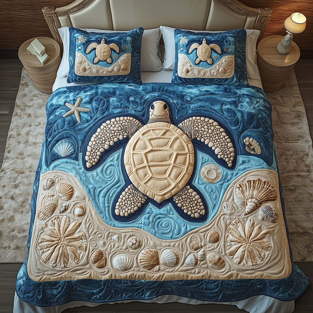 Sacred Turtle quilted 3-piece bedding set on a made bed in a softly lit bedroom