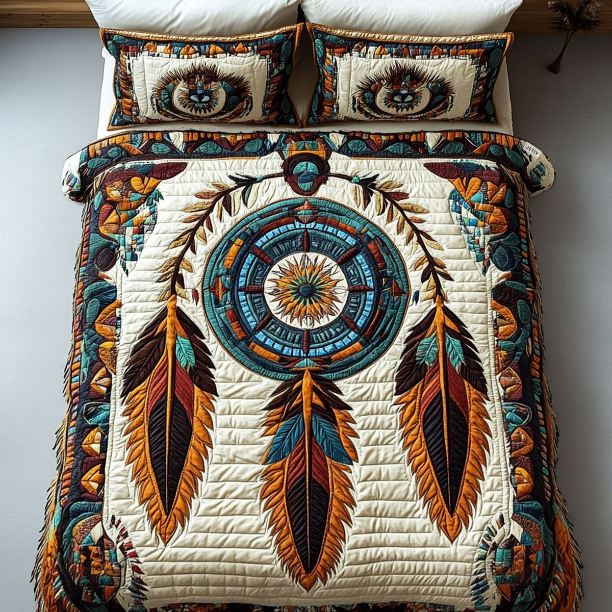 Sacred Visions quilted 3-piece bedding set on a made bed in a softly lit bedroom
