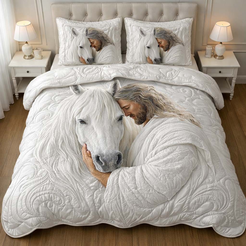 Sacred White Horse quilted 3-piece bedding set on a made bed in a softly lit bedroom