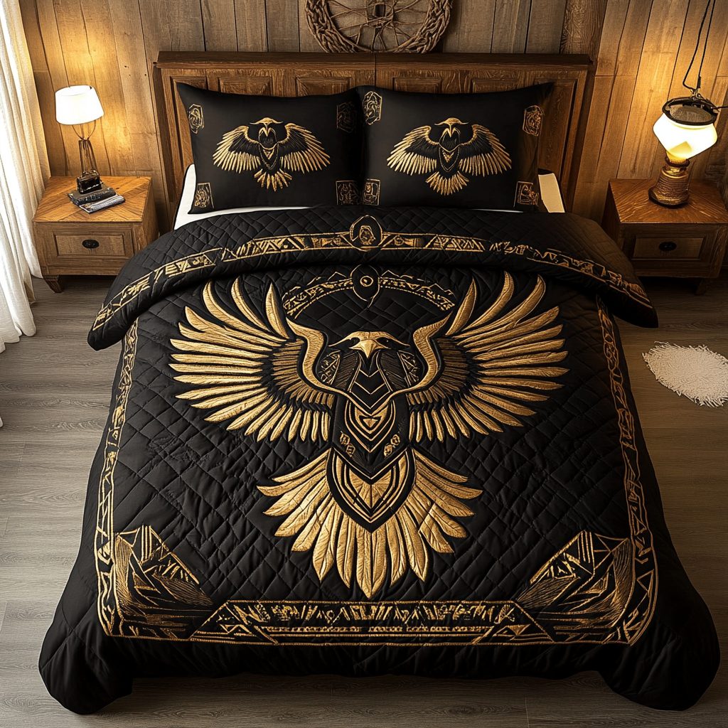 Sacred Wings quilted 3-piece bedding set on a made bed in a softly lit bedroom