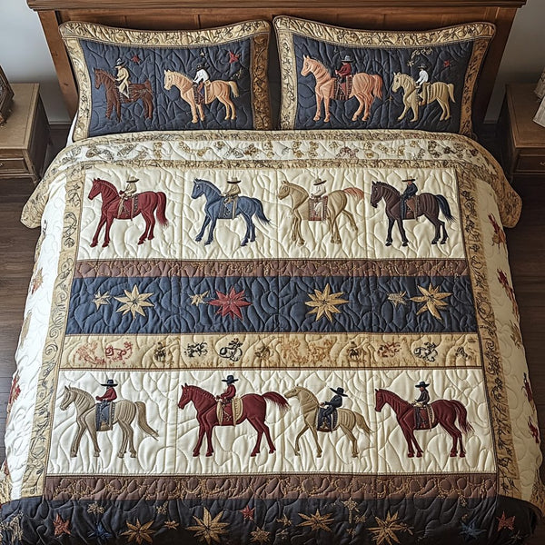 Saddle Grace quilted 3-piece bedding set on a made bed in a rustic timber bedroom