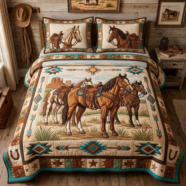 Saddle Horse Trio quilted 3-piece bedding set on a made bed in a rustic timber bedroom