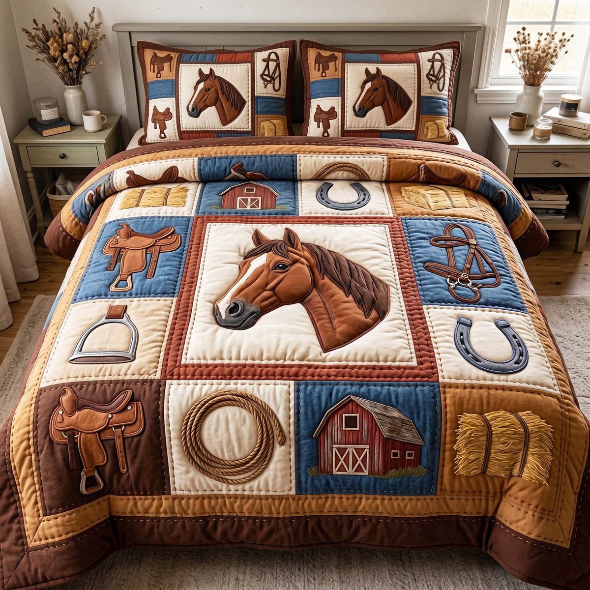 Saddle Prairie quilted 3-piece bedding set on a made bed in a rustic timber bedroom