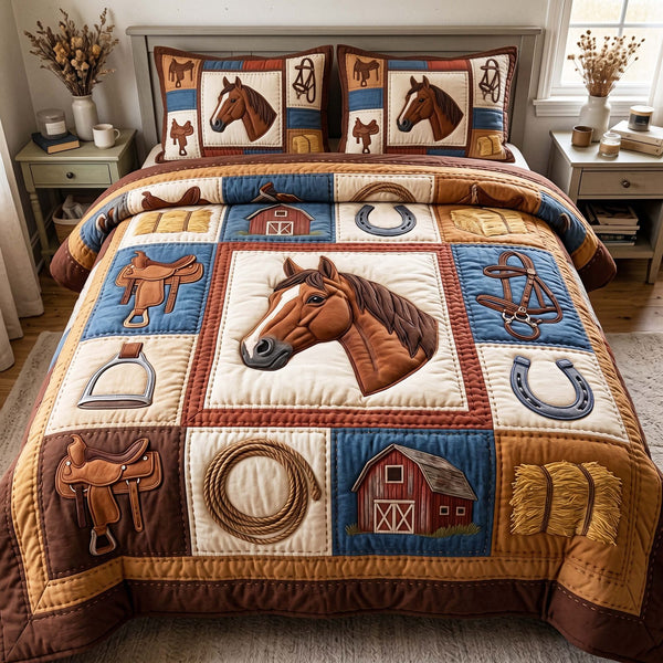 Saddle Prairie quilted 3-piece bedding set on a made bed in a rustic timber bedroom