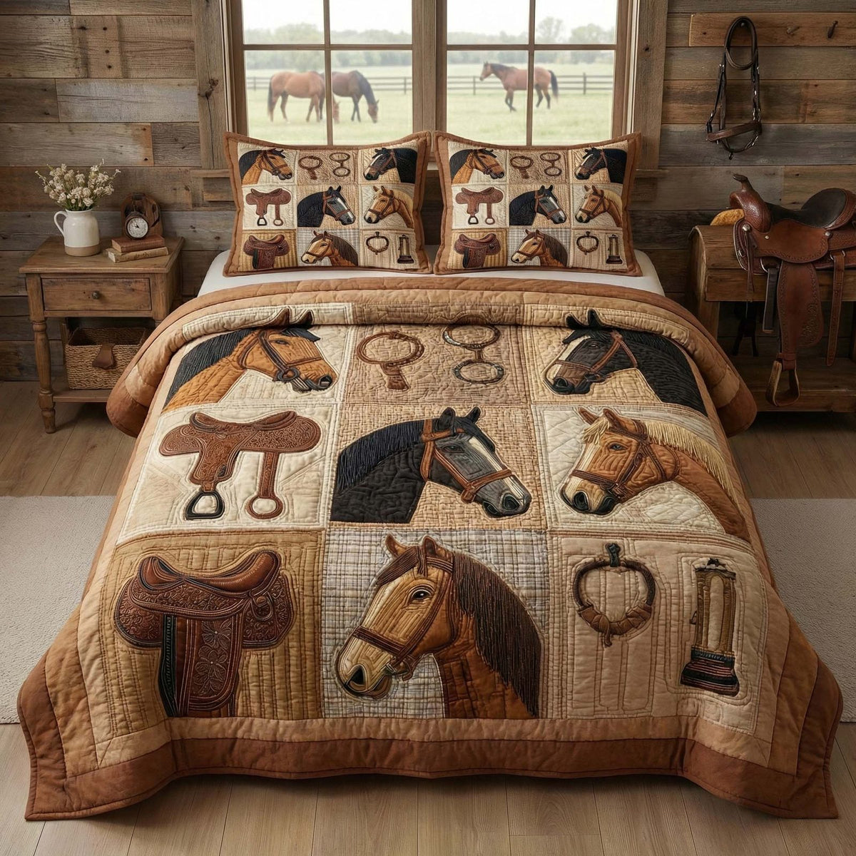 Saddle Ranch quilted 3-piece bedding set on a made bed in a rustic timber bedroom