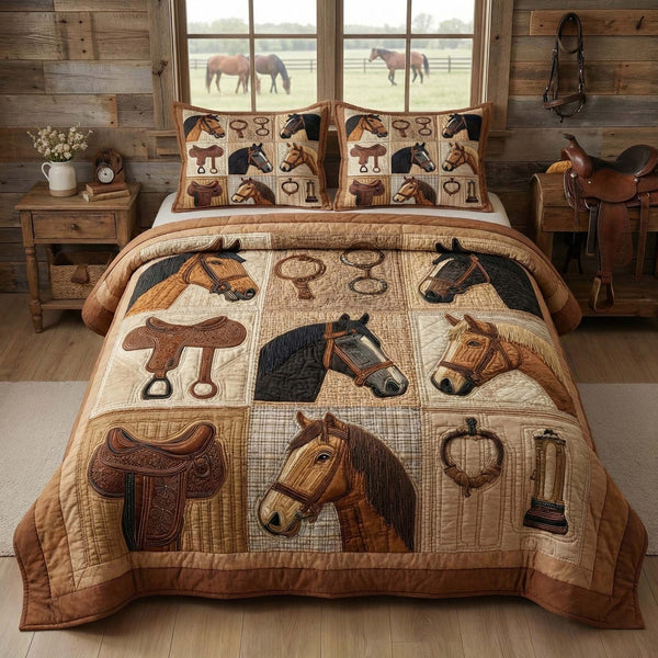 Saddle Ranch quilted 3-piece bedding set on a made bed in a rustic timber bedroom