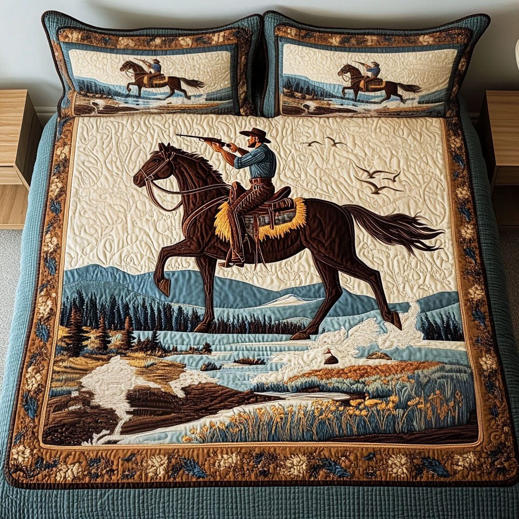 Saddle Ridge quilted 3-piece bedding set on a made bed in a rustic timber bedroom