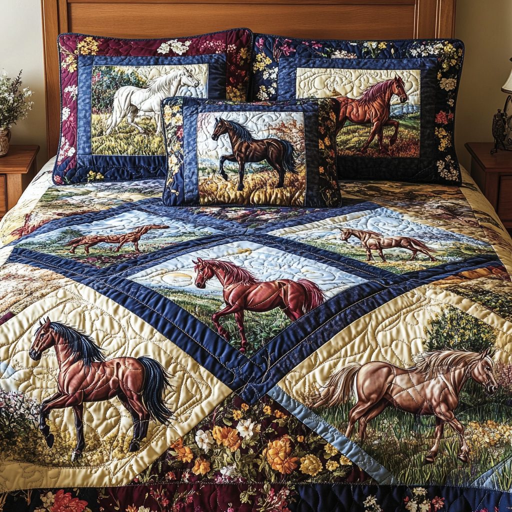 Saddle Spirit quilted 3-piece bedding set on a made bed in a rustic timber bedroom