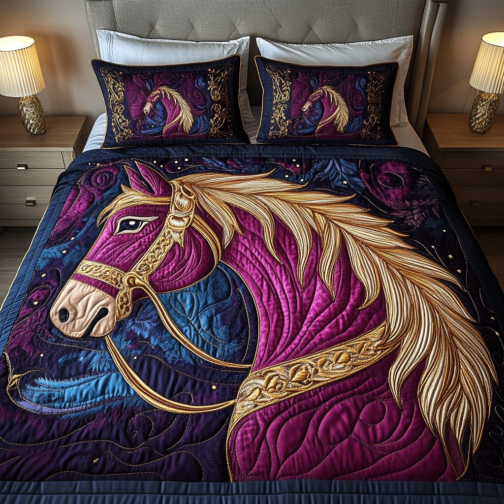 Saddle Splendor quilted 3-piece bedding set on a made bed in a rustic timber bedroom